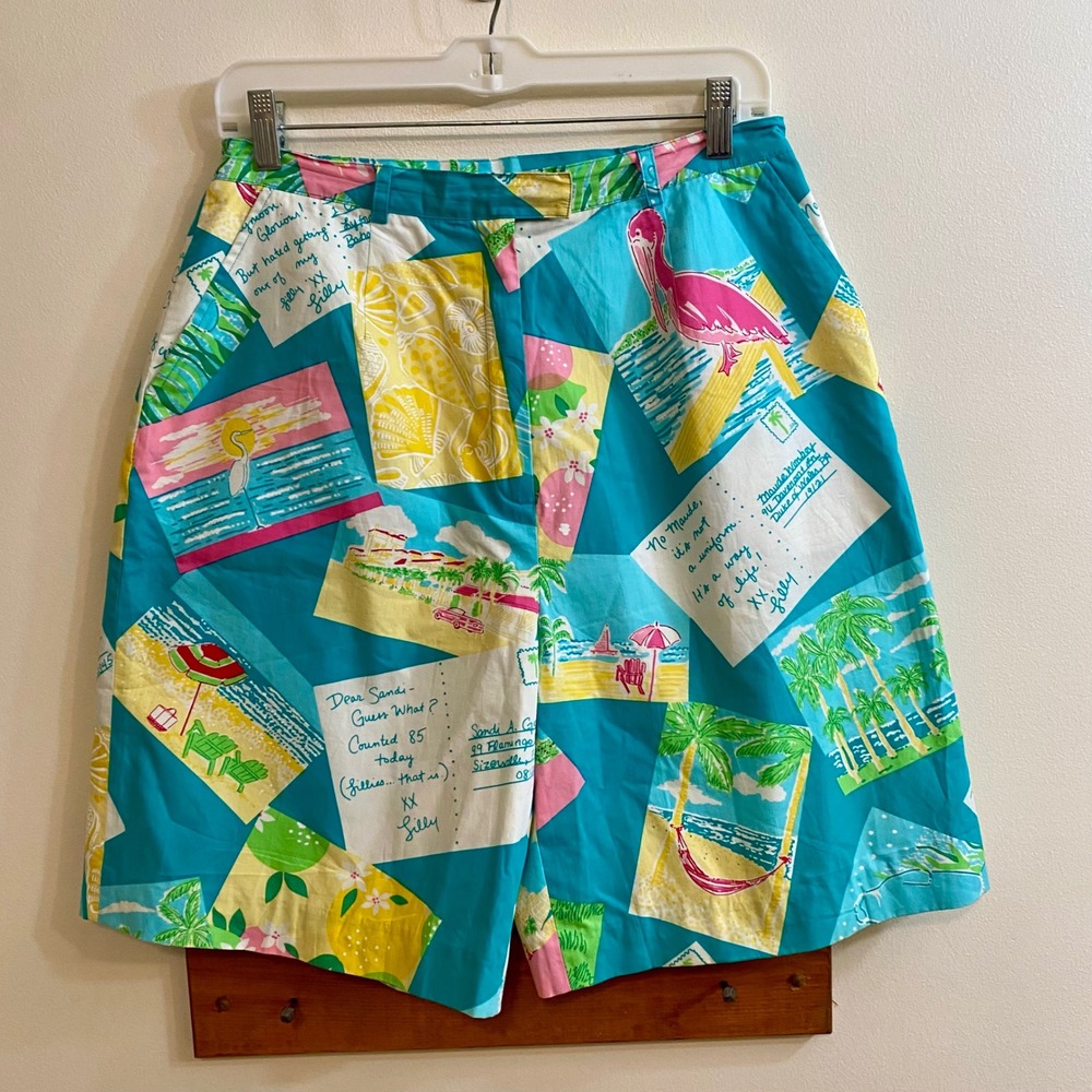 Lilly Pulitzer Vintage Postcard Shorts Women 12 Blue Flamingo Tropical Preppy